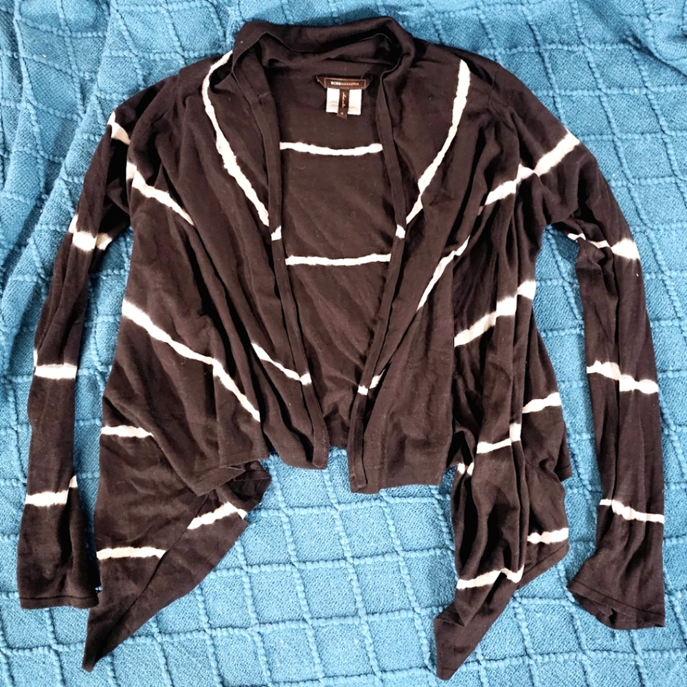 BCBGMAXAZRIA - Open front black & white striped long-sleeve silk-blend cardigan